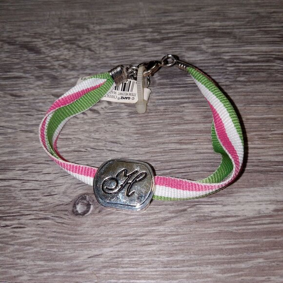 Personalized Ganz H Initial Bracelet With Pink & Green Stripes Adjustable - Picture 2 of 6